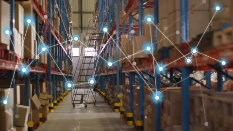 Node overlay appearing on left racks, spreading across aisle around ladder, Stock Footage 333818187