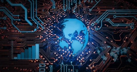Node pads pulsing initiating globe rotating, aligning with hex chip, bars Stock Footage 328657093