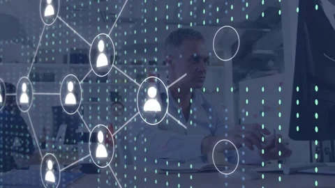 Node popping near screen starting mesh while man typing, overlaying tech grid Stock Footage 335282606