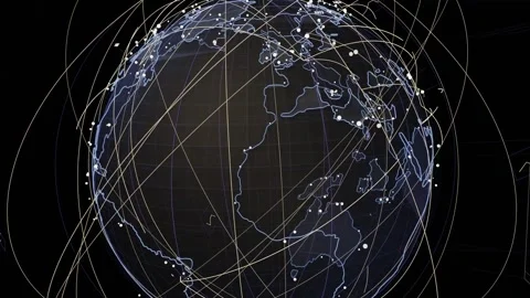 On node pulse globe rotating west, arcs orbiting and nodes pulsing, revealing Vidéo 334727216