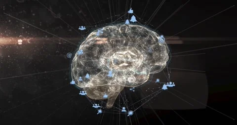 Node pulse starting holographic brain spinning while network forming, icons Stock Footage 329115818