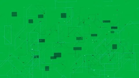 Node pulses starting net growth, chips linking, traces routing to show data flow Stockbeeldmateriaal 333647398