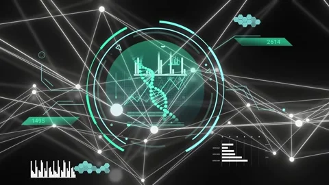 Node pulsing beams activating circular UI, ring rotating, DNA turning, graphs Vidéo 334337591