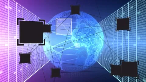 Node pulsing, glowing globe centering, nodes linking toward globe, servers Vidéo 334337875