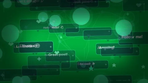 Node pulsing, sending neon lines to messages, drifting dots showing social Stock Footage 333907705