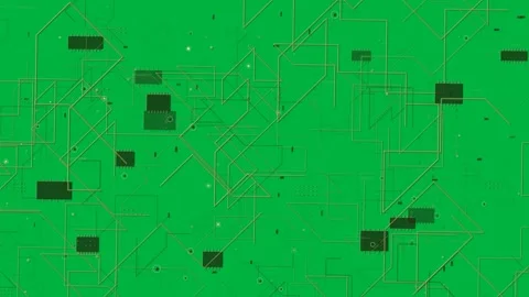 Node pulsing starting gold circuitry, extending traces, forming HUD on Video stock 333630272