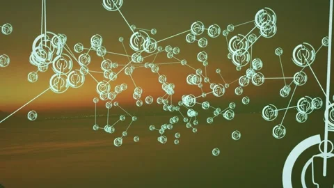 Node spawning causing cyan node clustering linking as camera shifting at sunset Video stock 334352075