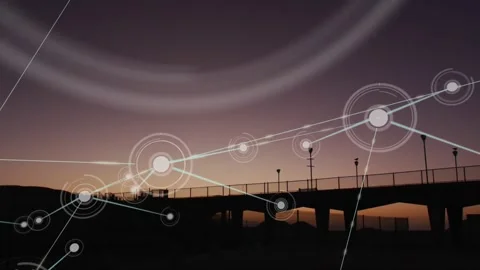 Node starting from left horizon sparking lit nodes linking, pulsing over bridge Stock Footage 330004519