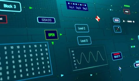  Node tree, control panel, control desk of a factory. Display of a node tr... Stockfoto's