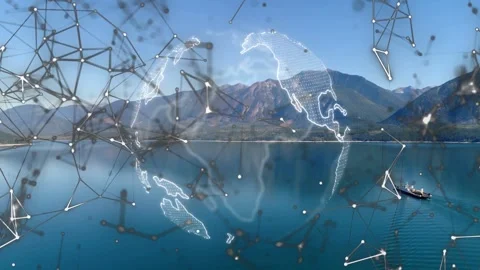 Node web drifting into frame, globe fading in above lake, rotating, network Stock Footage 333632192