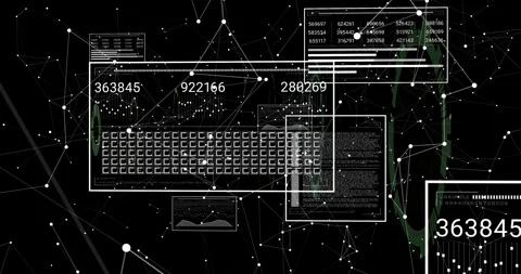 Nodes activating green HUD, keyboard rotating and pulsing, UI windows stacking Stock Footage 328417939