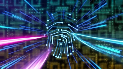 Nodes coalescing and forming neon fingerprint circuit, powering tech security Stock Footage 332955943
