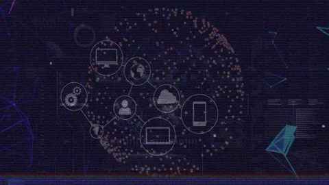 Nodes converging forming rotating sphere, key icons appearing and realigning Stock Footage 311698243