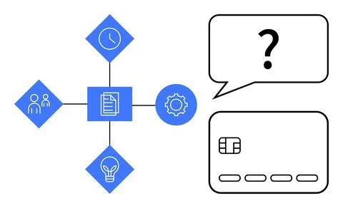 Nodes depicting people, clock, light bulb, gears, and document connected cent Stock Illustration