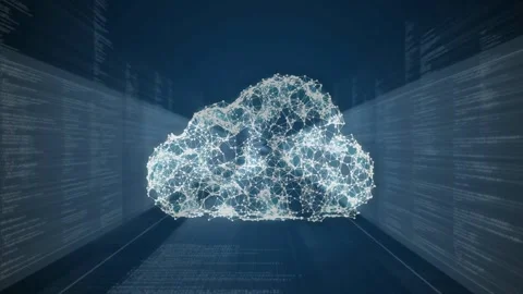 Nodes forming center, merging into cloud, shedding right, showing data flow, Stock Footage 332566585