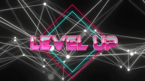 Nodes shifting, magenta 3D LEVEL UP sliding center, neon diamond rotating, mesh Stock Footage 332821939