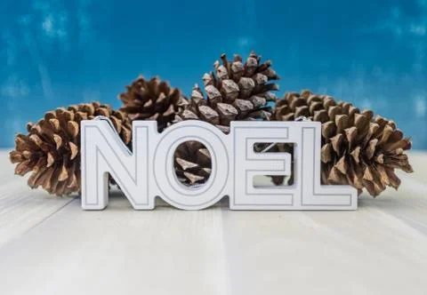 Noel Block Text with Pine Cones Straight On 库存照片