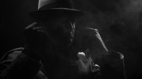 Noir spy film character smoking a cigarette