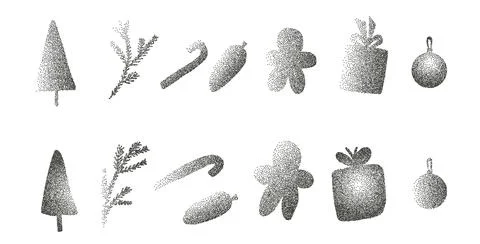 Noise Christmas pair of elements set. Grunge dotwork gradient xmas tree, balls Stock Illustration