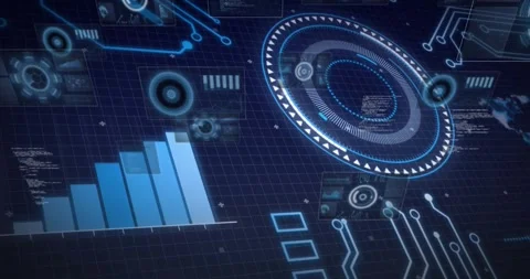 Noise cloud sweeping from left blurring UI, circular HUD rotating and bars 스톡 동영상 329594362