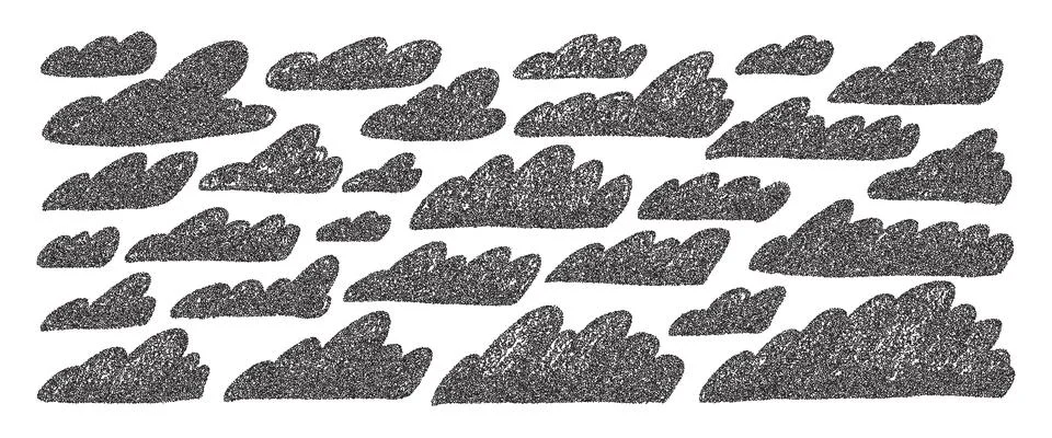 Noise dots texture clouds set. Naive sky grainy text boxes black pack. Charcoal Stock Illustration