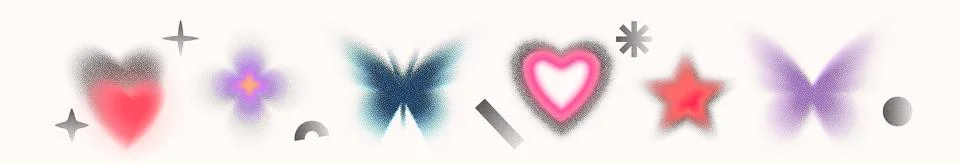 Noise gradient shapes vector background. Heart, flower, star, butterfly figures Illustrazione stock