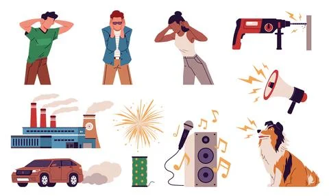 Noise pollution elements. Loud sounds sensitivity, people cover ears with hands Illustrazione stock