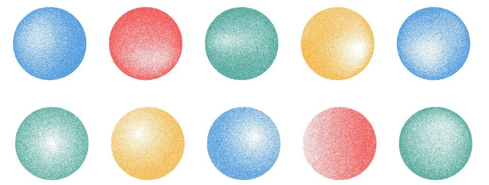 Noise vibrant gradient round element set. Speckle dotwork radial gradation Stock Illustration