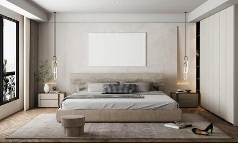 Nomadic style bedroom interior background empty frame, 3d render Stock Illustration