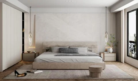 Nomadic style bedroom interior background, 3d render Stock Illustration