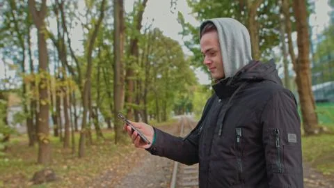Nomophobia - People using the mobile phone. No-mobile-phone phobia. young guy Stock Photos