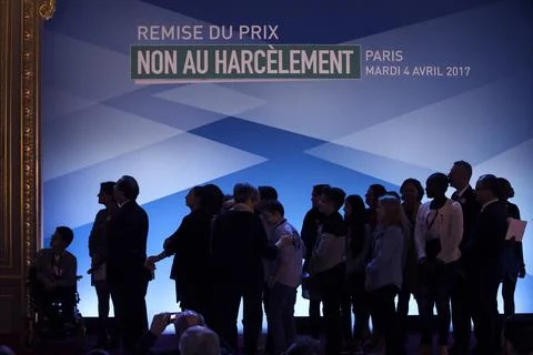 Non Au Harcelement price at the Elysee Palace, Paris, France - 04 Apr 2017 Stock Photos