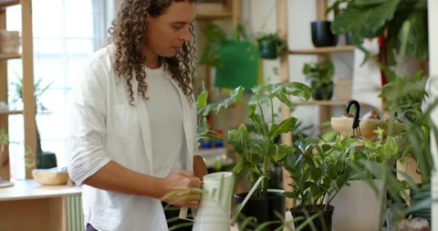 Non-binary caretaker scanning pots, tilting white long-spout watering can, Stock Footage 334842974