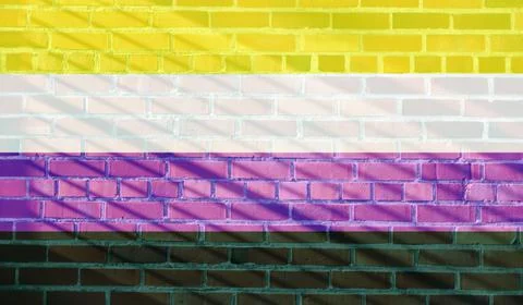 Non-Binary Flag projected on a sunny brick wall background Illustrazione stock