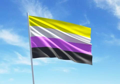 Non-binary flag waving in a blue sky background for LGBTQIA+ Pride month, s.. Stock Illustration