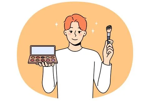Non-binary man applies makeup and skin shadow, holding mirror and brush to apply Stock Illustration
