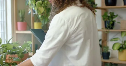 Non-binary person tapping tablet, moving pots, potting fern in clay pot and Stock Footage 340881985