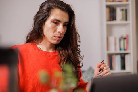 Non-binary person working from home Stock Photos