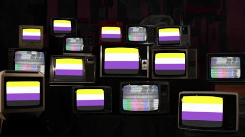 Non-binary Pride Flag and Vintage Televisions. 4K. Stock Footage 243029424