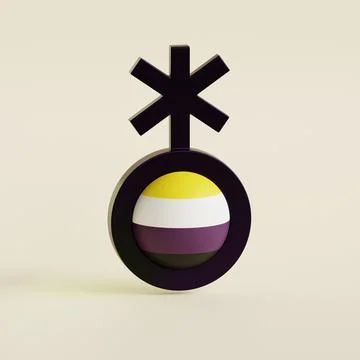 Non-binary pride flag in a form of nonbinary symbol. Yellow, White, Purple .. Illustrazione stock
