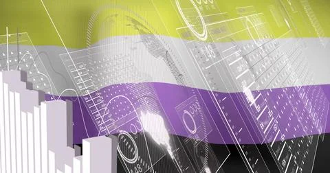 Non-binary pride flag with image overlay of financial data and cityscape Stock Illustration