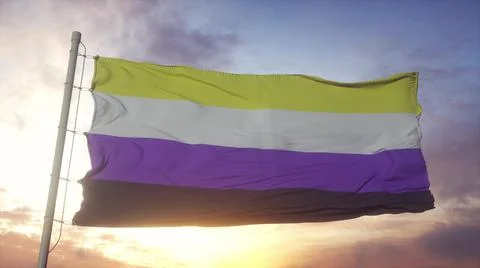 Non-binary pride flag waving in the wind, sky and sun background. 3d renderin Stock Illustration