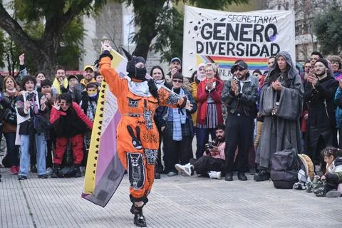 Non-binary visibility protest in Buenos Aires, Argentina. Stock Photos