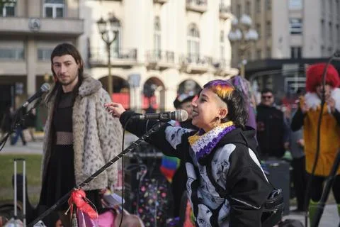 Non-binary visibility protest in Buenos Aires, Argentina. Stock Photos
