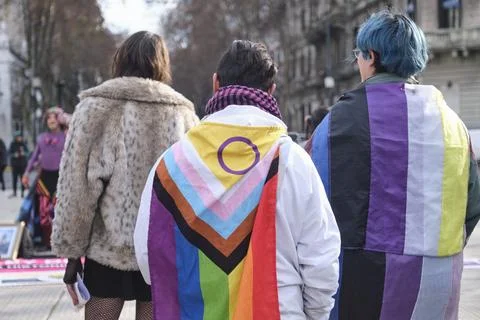 Non-binary visibility protest in Buenos Aires, Argentina. Stock Photos