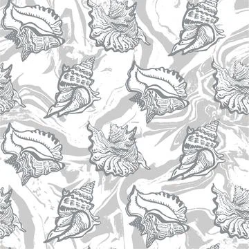 Non-directional abstract seamless pattern with Fluid Art and seashell. Stock Illustration