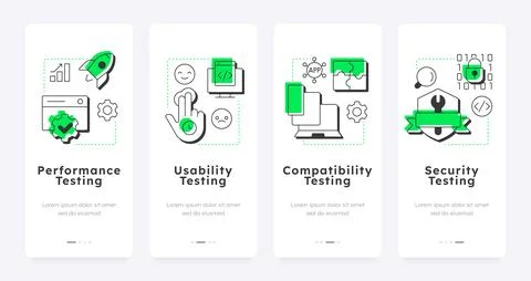 Non-functional testing types mobile app onboarding screens Stock Illustration