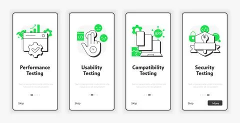Non-functional testing types mobile onboarding screen Stock Illustration