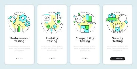 Non-functional testing types onboarding mobile app screen Stock Illustration