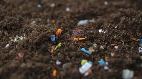 Non-recyclable plastic pollution in the soil. Stock Photos